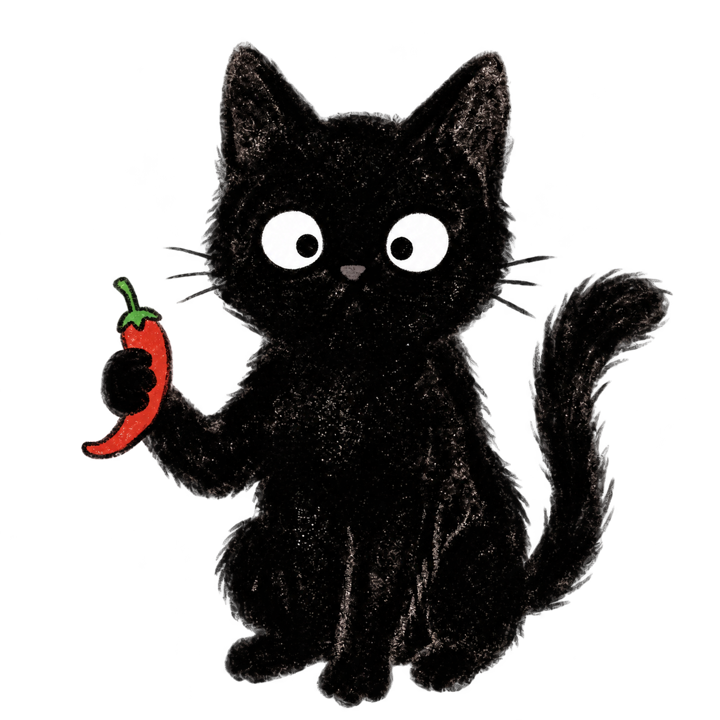 Gato negro sosteniendo un ají